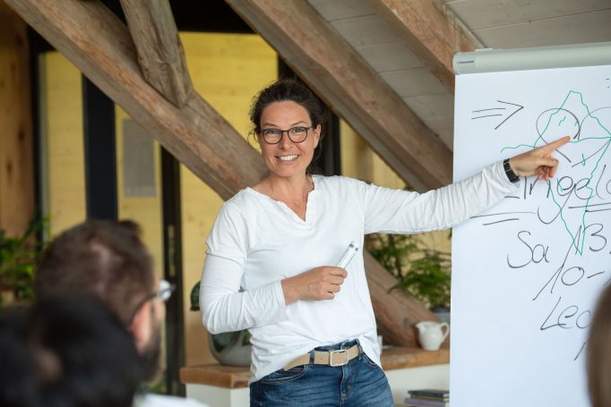 Seminarszene. Die Aufnahme zeigt Tanja wie sie ihren Seminarteilnehmern am Flipchart etwas erklärt.